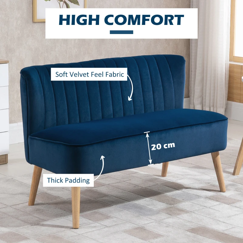 HOMCOM Modern Velvet Double Seat Sofa w/ Wood Frame Foam Padding High Back Soft Comfortable Compact Couch Blue