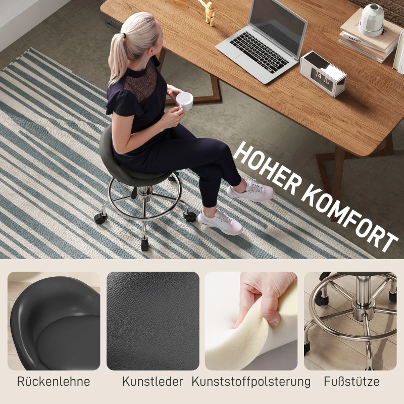 HOMCOM Obrotowy Taboret z Regulacją Wysokości z Oparciem, 59-75 cm, Obrotowy 360°, Czarny