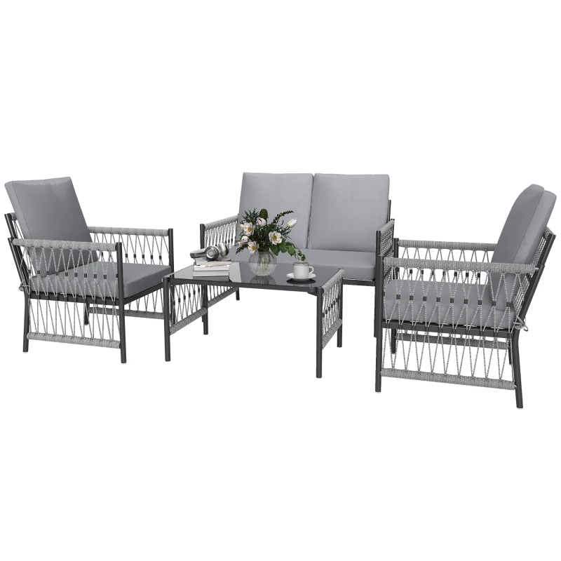 Outsunny 4 Piece Rattan Garden Furniture Set, 4 Seater Wicker Patio Conversation Set with 2 Armchairs, Loveseat, Glass Top Coffee Table and Cushions for Outdoor, Balcony, Grey