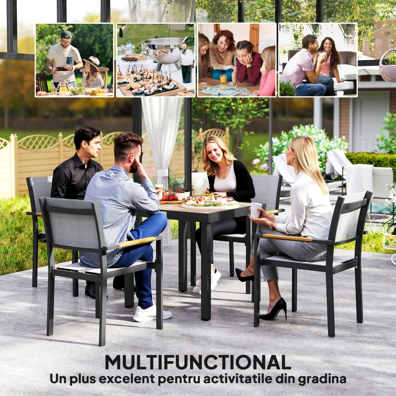 Masa de gradina Outsunny pentru 4 Persoane din Aluminiu, Masa de Exterior din Plastic pentru Terasa si Balcon, Negru si Culoare Lemn