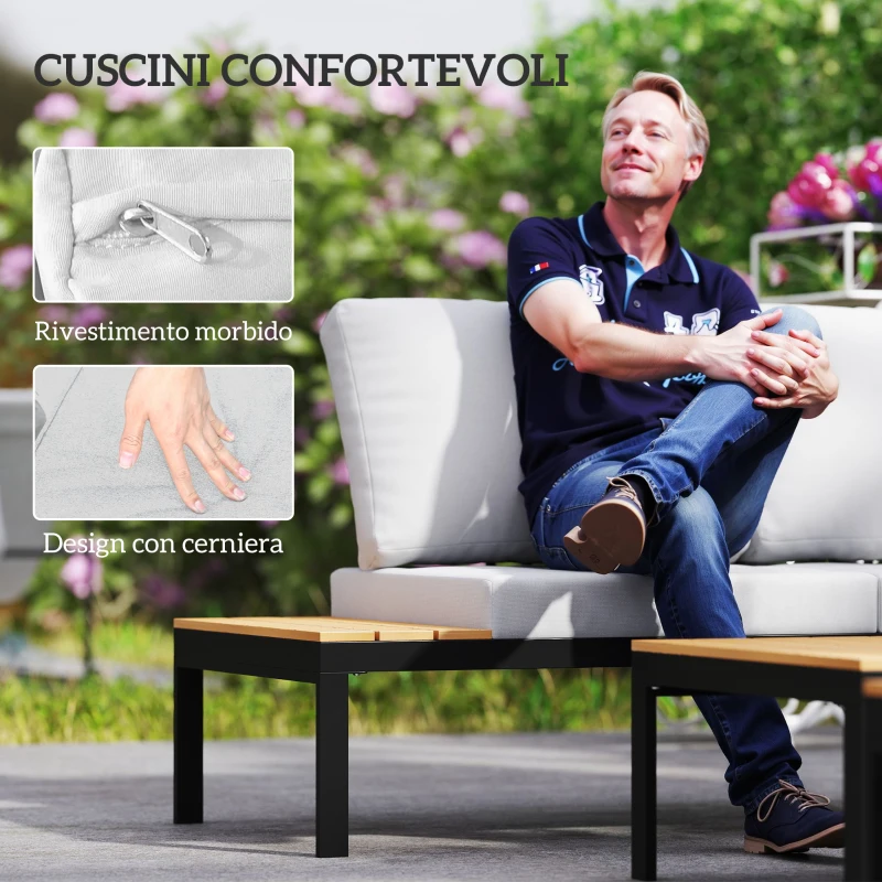 Outsunny Set da Giardino 4 Pezzi con 2 Divanetti 2 Posti e 2 Tavolini in Metallo e Legno Composito, Grigio Nero e Teak