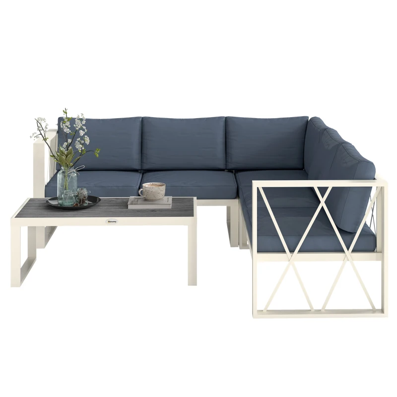 Outsunny Conjunto de Jardim de 4 Peças em Forma de L com 2 Sofás Sofá de Canto com Assento Ajustável e Mesa de Centro Bege e Cinza