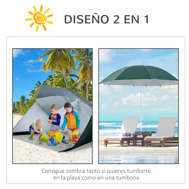Outsunny Parasol para Playa 2 en 1 con 2 Paneles Laterales Toldo Portátil Anti-UV con Bolsa de Transporte Ø210x222cm Verde