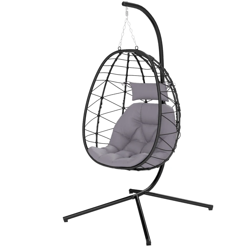 Outsunny Cadeira Suspensa com Suporte Baloiço Jardim com Cesto Dobrável Almofada e Apoio de Cabeça 98x95x198 cm Cinzento