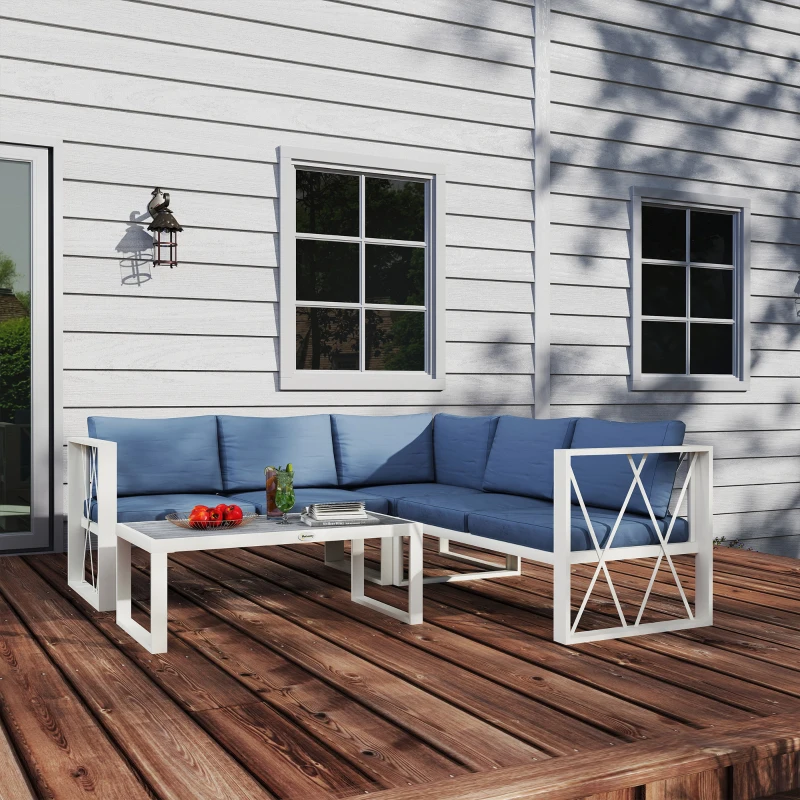 Outsunny Conjunto de Jardim de 4 Peças em Forma de L com 2 Sofás Sofá de Canto com Assento Ajustável e Mesa de Centro Bege e Cinza