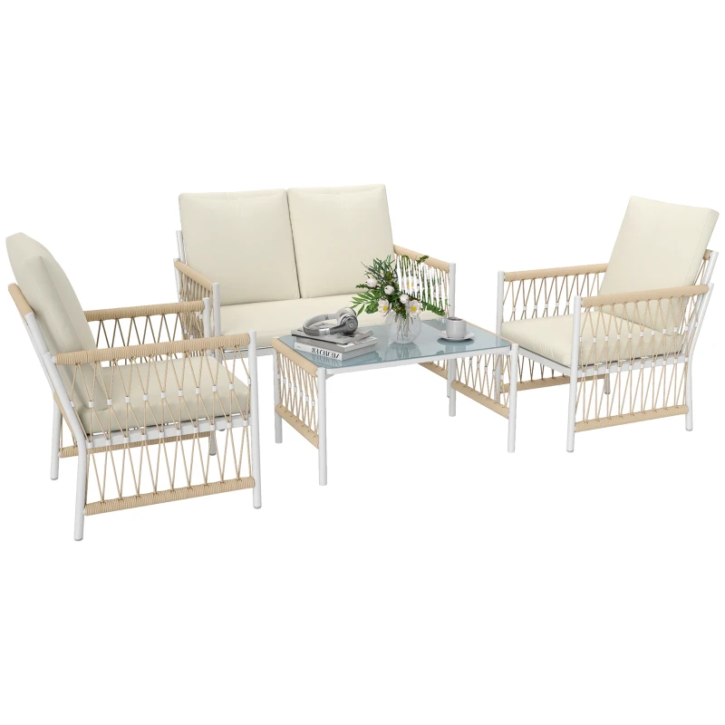 Outsunny 4 Piece Rattan Garden Furniture Set, 4 Seater Wicker Patio Conversation Set with 2 Armchairs, Loveseat, Glass Top Coffee Table and Cushions for Outdoor, Balcony, Khaki