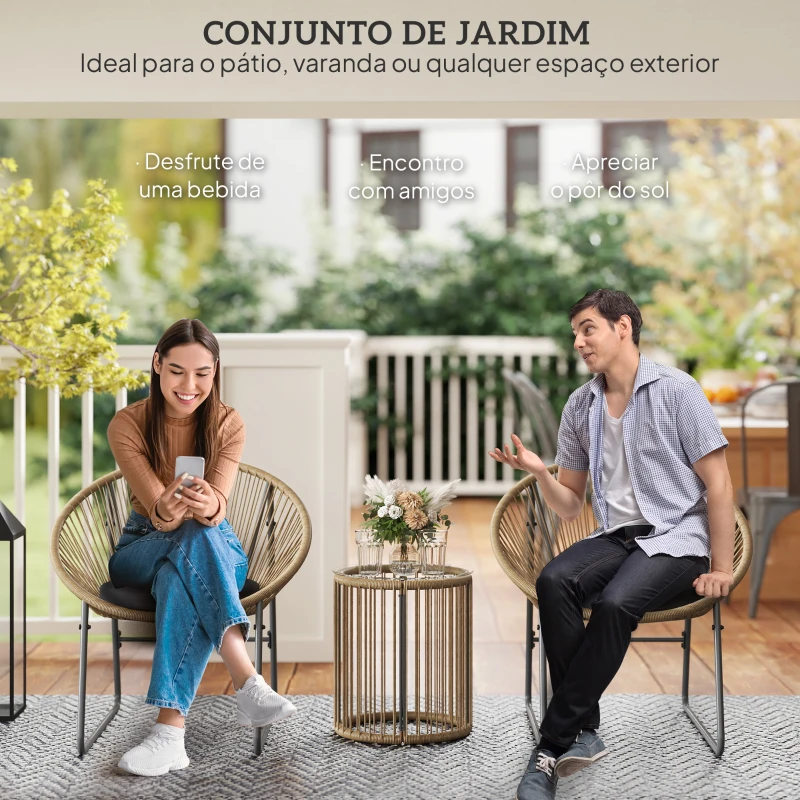 Outsunny Conjunto de Jardim 3 Peças com 2 Cadeiras e Mesa de Vime com Almofadas Acolchoadas e Bancada de Vidro Temperado Cinzento