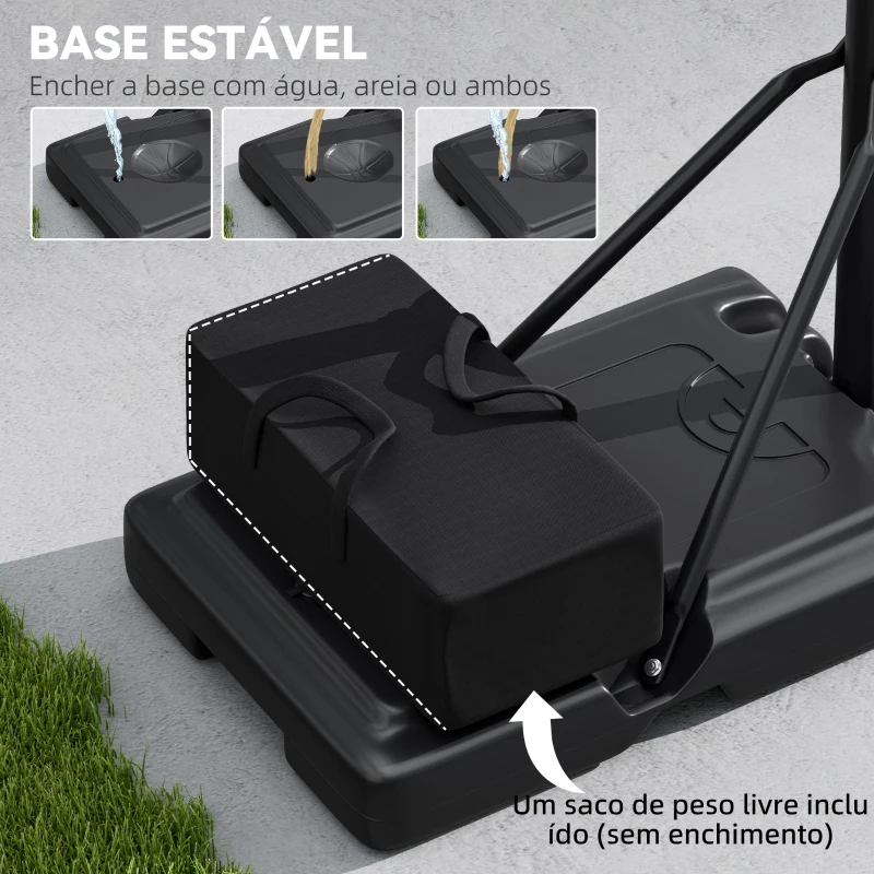 SPORTNOW Tabela de Basquetebol de Exterior com Altura Ajustável Suporte Rodas Base Recarregável e Bolsa de Peso 90x60x305 cm Preto