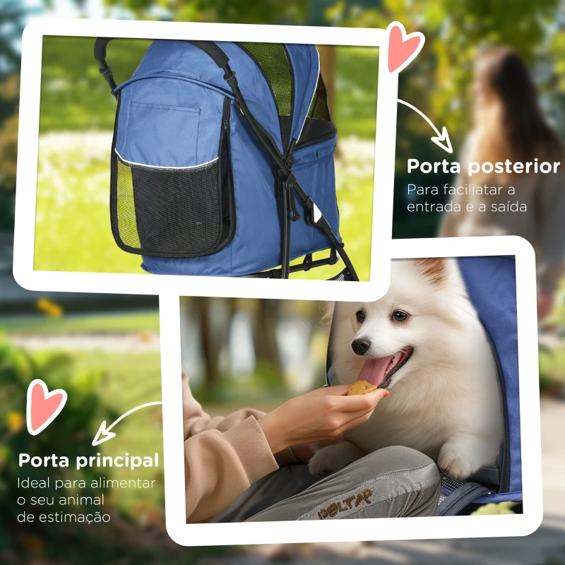 PawHut Carrinho para Cães Dobrável para Cães Pequenos com Cesta de Armazenamento Capota Ajustável Janela de Malha 81x48x99 cm Azul