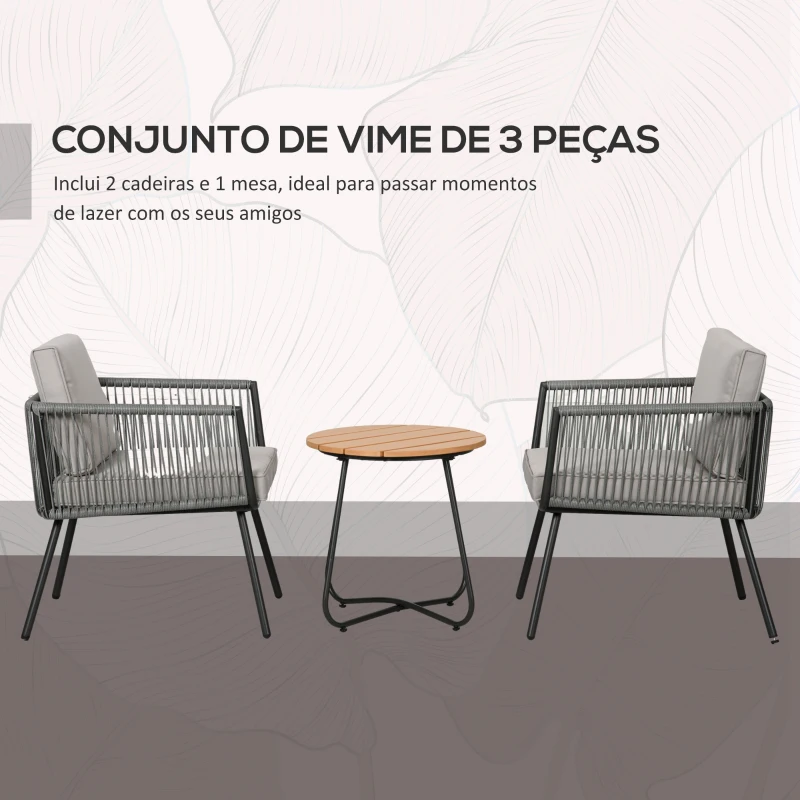 Outsunny Conjunto de Móveis de Jardim de Vime 3 Peças Incluí 1 Mesa de Centro e 2 Poltronas com Almofadas Acolchoadas Cinzento