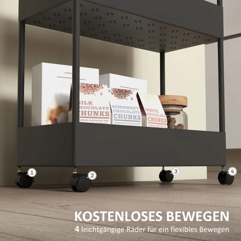 HOMCOM Keukenwagen met 4 planken, 4 flexibele haken, 4 wielen, 40 cm x 19 cm x 90 cm, Niswagen, Zwart