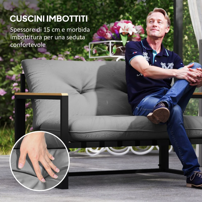 Outsunny Set da Giardino 4 Pezzi con 2 Sedie, Divanetto 2 Posti e Tavolino, in Acciaio e Poliestere Grigio Chiaro e Nero