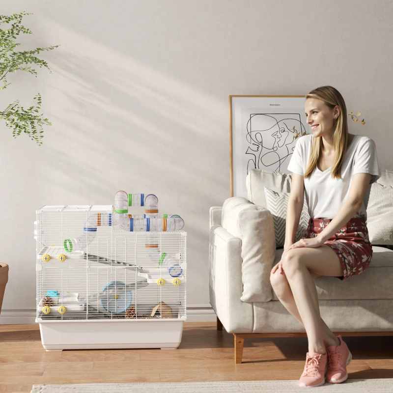 PawHut Gabbia per Criceti a 4 Livelli con Tubi, Ruota, 3 Porte e Vassoio, in Metallo, PP e PS, 78x45x73 cm, Bianco