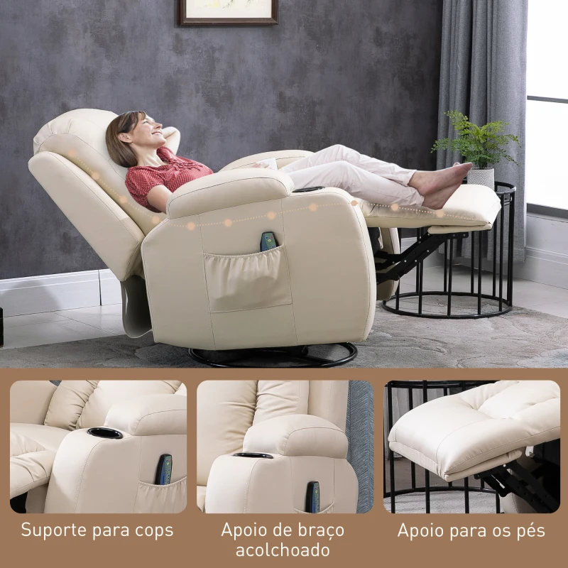 HOMCOM Poltrona de Massagem Reclinável até 150° com 8 Pontos de Massagem por Vibração Função de Aquecimento 85x94x104 cm Creme