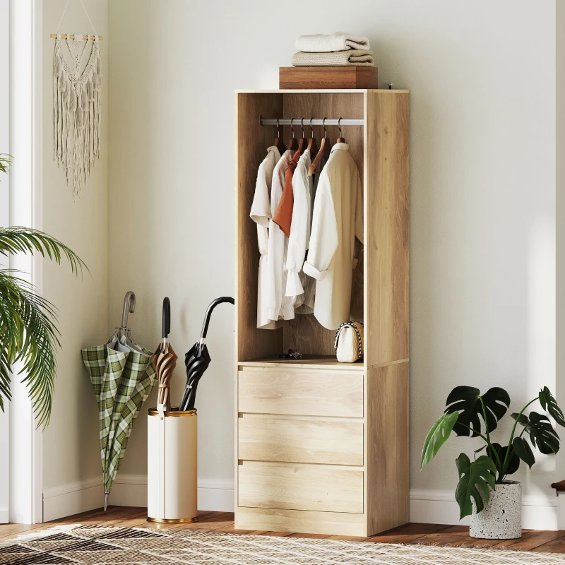 HOMCOM Armadio Guardaroba con Asta Appendiabiti, Ripiano Aperto e 3 Cassetti, in Legno, 60x48.5x185 cm, color Teak