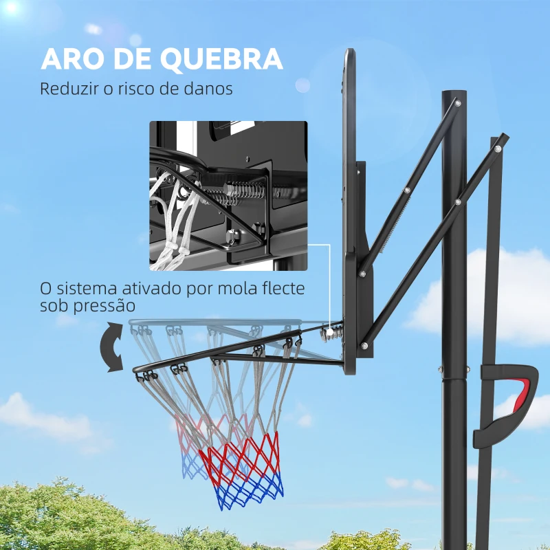SPORTNOW Tabela de Basquetebol de Exterior com Altura Ajustável Suporte Rodas Base Recarregável e Bolsa de Peso 90x60x305 cm Preto