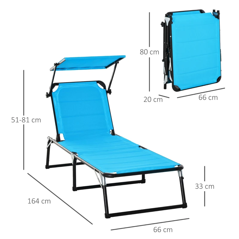 Outsunny Sedia Sdraio da Esterno Pieghevole con Tettuccio e Rivestimento Imbottito in Gommapiuma, Lettino Prendisole da Giardino con Schienale Regolabile 66x164x81cm Blu
