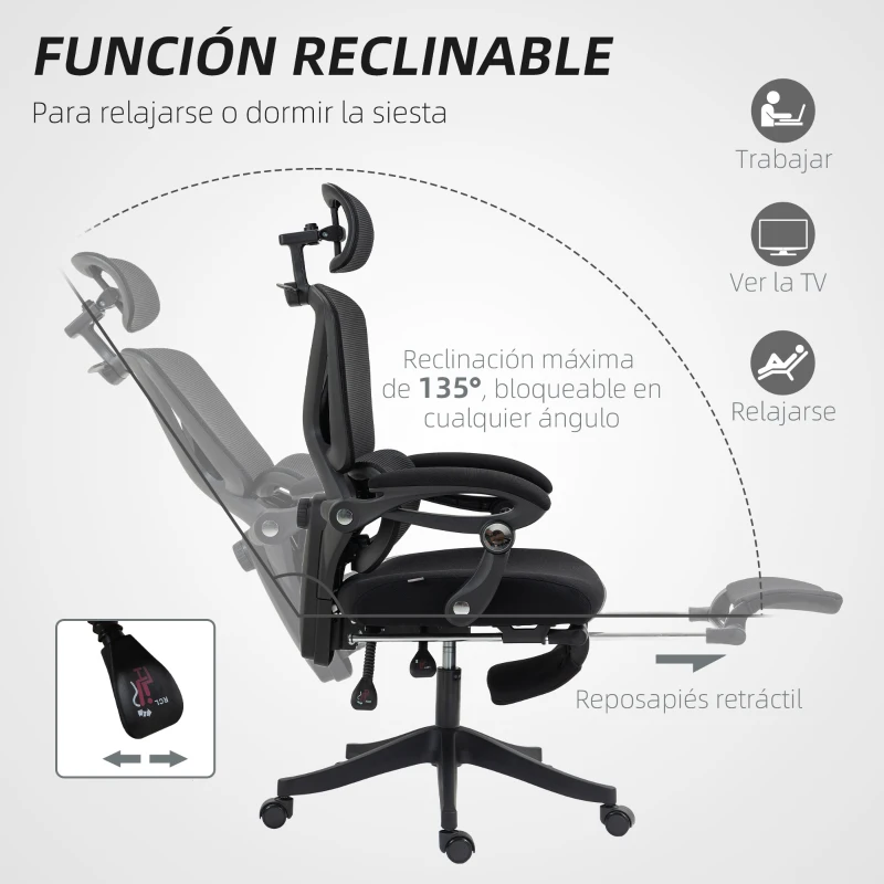 HOMCOM Silla de Escritorio de Malla Reclinable con Reposacabezas Soporte Lumbar Reposapiés y Altura Regulable Carga 135kg Negro