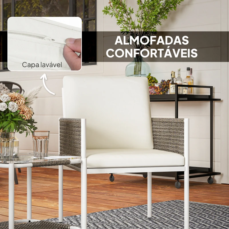 Outsunny Conjunto de Jardim de 3 Peças com 2 Cadeiras e Mesa de Vime com Almofadas e Bancada de Vidro Marrom Acinzentado e Creme
