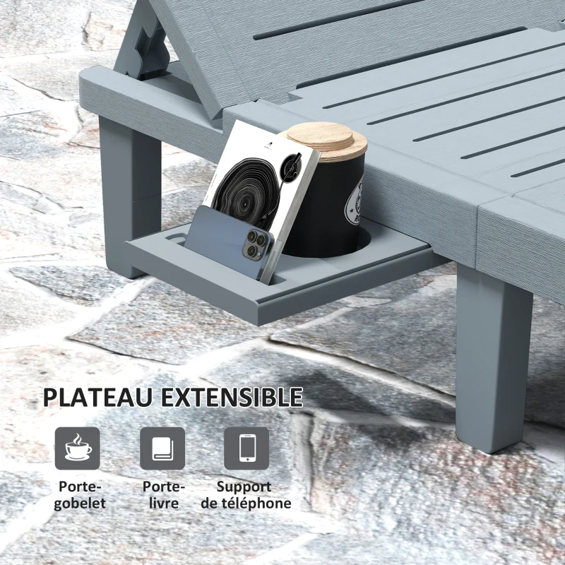 Outsunny Lot de 2 bain de soleil, chaise longue avec plateaux rétractables, inclinable, surface effet bois 62 x 158 x 88 cm, gris