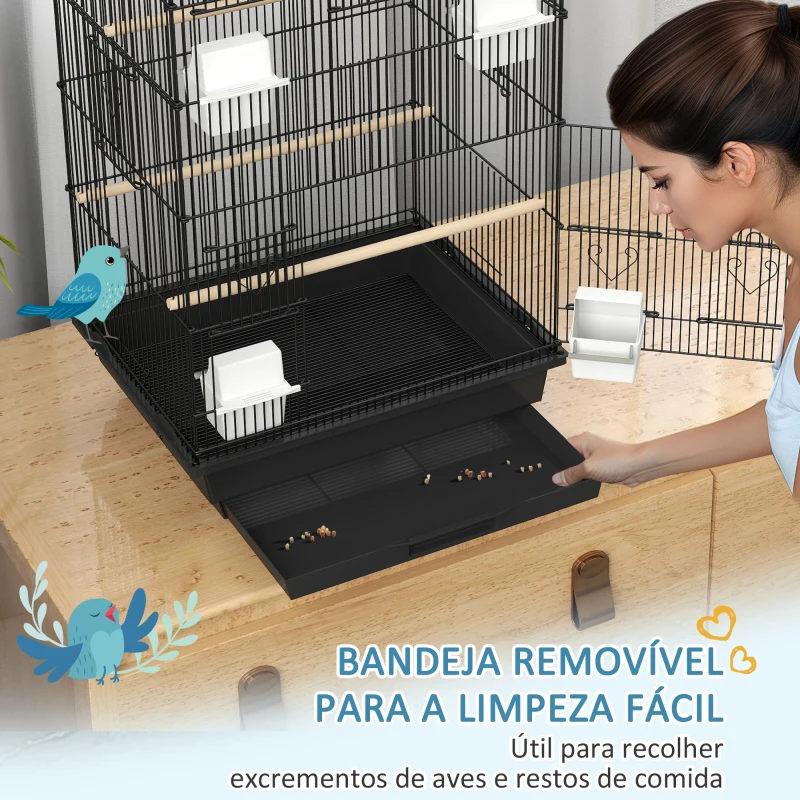 PawHut Gaiola de Metal para Pássaros com Bandeja Amovível 4 Comedouros 3 Poleiros e 1 Baloiço 50,5x41x104 cm Preto