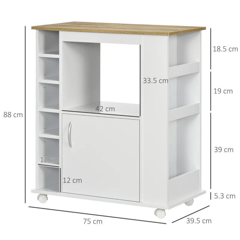 HOMCOM Cărucior de Bucătărie cu Dulăpior, 6 Compartimente de Depozitare și 3 Rafturi Laterale, 75x39.5x88 cm, Alb