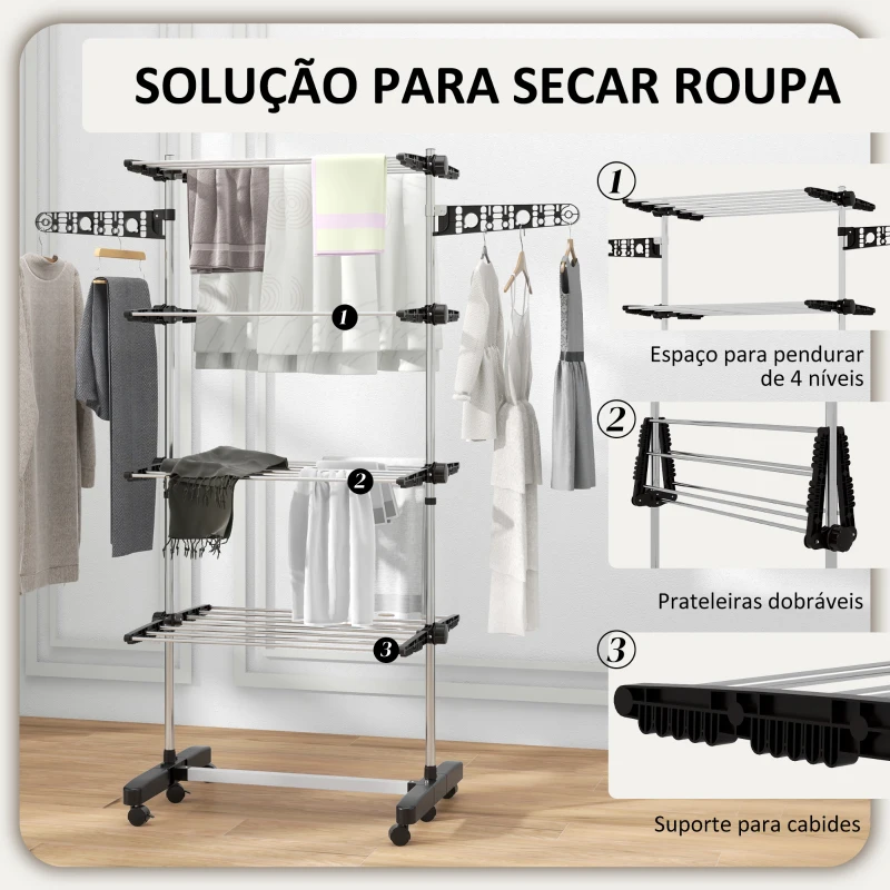 HOMCOM Estendal Vertical Dobrável de 4 Níveis com 6 Rodas 2 Laterais Dobráveis Prateleiras Ajustáveis 142x55x172cm Preto