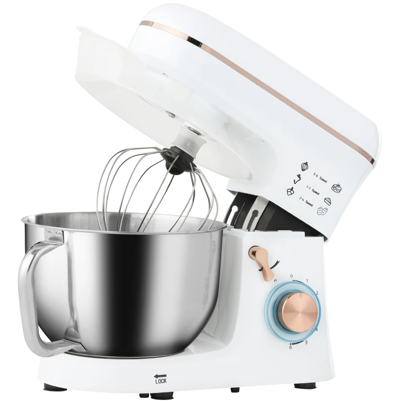 HOMCOM Stand Mixer, 5L Food Mixer for Baking, 6 Speeds and Pulse Setting, 1400W Cake Electric Kitchen Mixer with Dough Hook, Whisk, Stainless Steel Bowl, Splash Guard, Beater, White