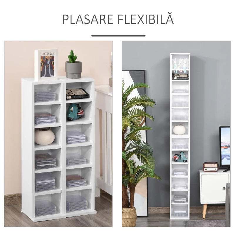 HOMCOM Set 2 Piese Rafturi cu 12 Etajere Reglabile pentru 204 CD-uri, 21x22.5x88.5 cm, Alb(m-5)