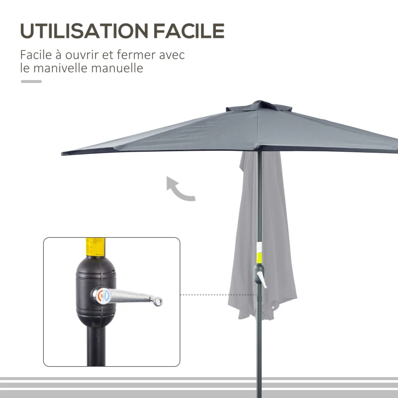 Outsunny Demi-Parasol 2,7 x 1,4 m parasol de balcon avec ouverture fermeture manivelle 5 entretoises, gris