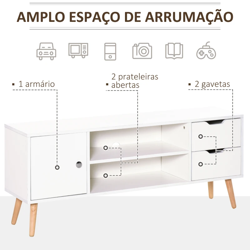 HOMCOM Armário de TV Grande armazenamento com armário prateleiras e gavetas abertas Carga 30 kg 120x28x44 cm Branco