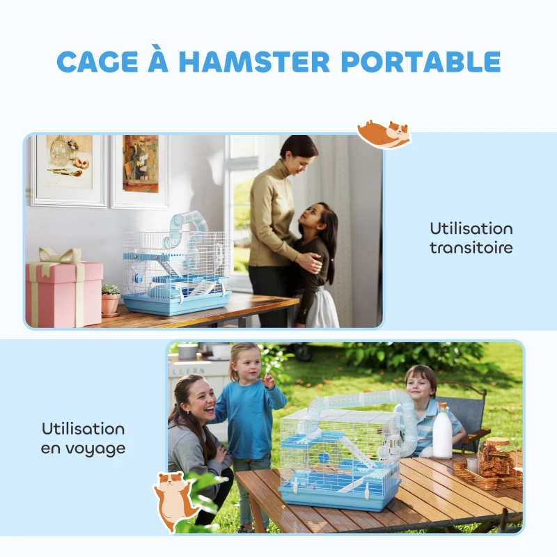 PawHut Cage pour hamster portable avec cabane, roue de course, gamelle, bouteille d'eau, 47,5 x 31,5 x 29,5 cm, bleu clair