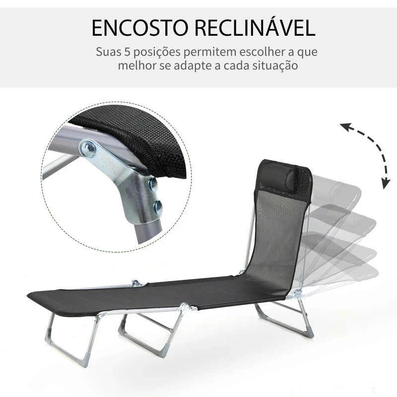 Outsunny Espreguiçadeira dobrável e reclinável de jardim com apoio de cabeça e encosto ajustável em 5 níveis Tecido textilene respirável 182x56x24,5 cm preto