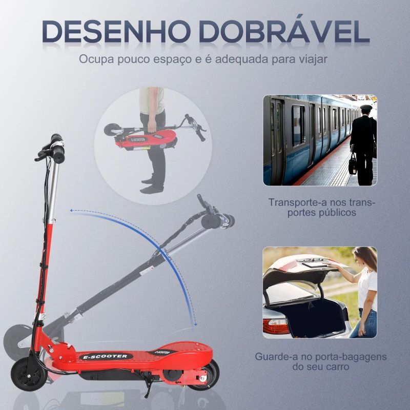HOMCOM Trotinete Elétrica para Crianças + 7 Anos trotinete Dobrável com Altura Ajustável Bateria Recarregável 24V Velocidade até 12 km/h e Carga 50 kg 74x36x73-91 cm Vermelho