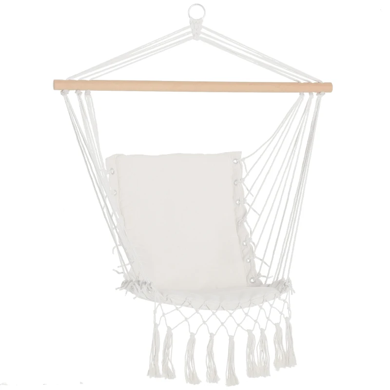 Outsunny Balansoar Suspendat din Țesătură cu Ciucuri și Bară din Lemn de Plop, 90x50 cm, Crem(m-11)