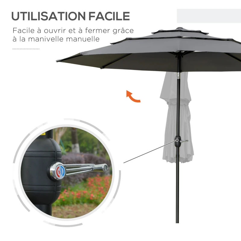 Outsunny Parasol de jardin extérieur parasol inclinable Ø 2,85 x 2,5 m avec manivelle, 2 évents, toile 180 g/m², Anti-UV, gris