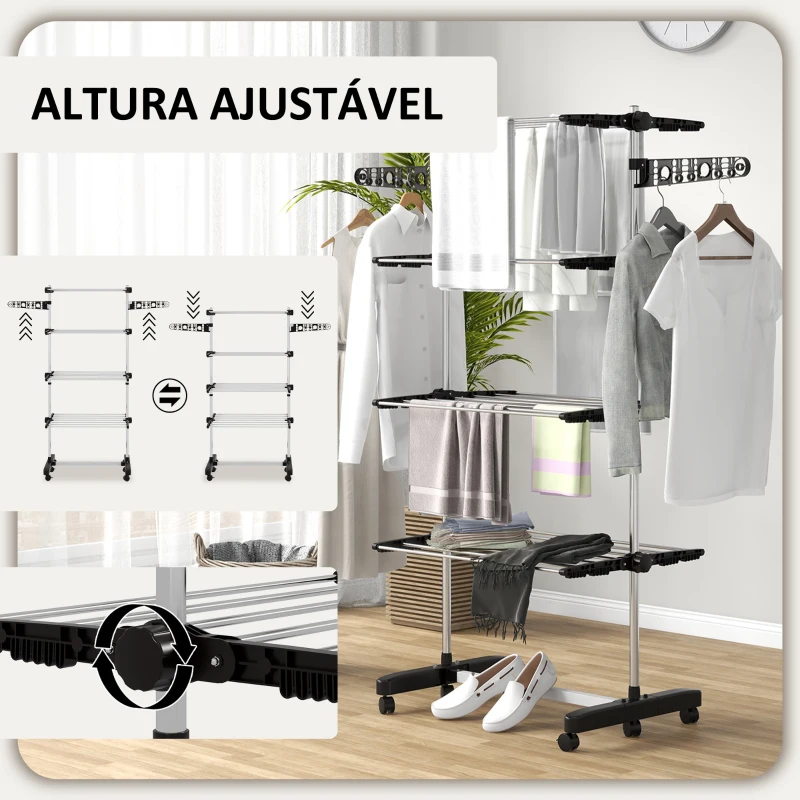 HOMCOM Estendal Vertical Dobrável de 4 Níveis com 6 Rodas 2 Laterais Dobráveis Prateleiras Ajustáveis 142x55x172cm Preto