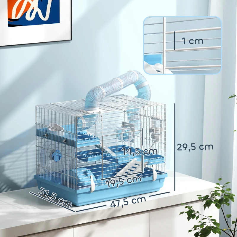 PawHut Cage pour hamster portable avec cabane, roue de course, gamelle, bouteille d'eau, 47,5 x 31,5 x 29,5 cm, bleu clair