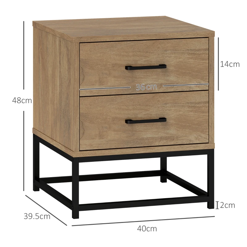 HOMCOM Set de 2 Noptiere cu 2 Sertare din Lemn și Oțel, 40x39.5x48 cm, Lemn Natural