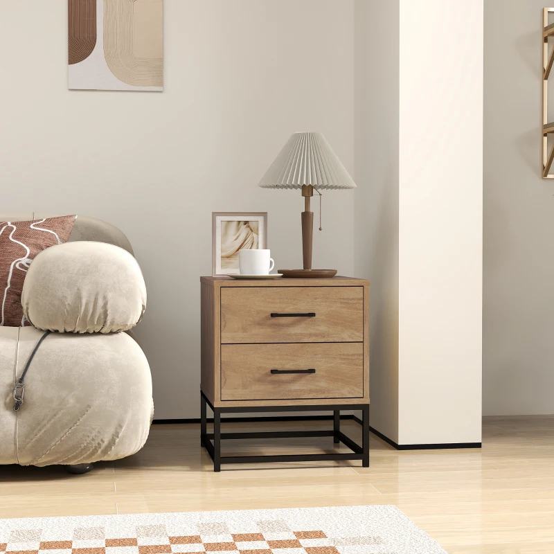 HOMCOM Set de 2 Noptiere cu 2 Sertare din Lemn și Oțel, 40x39.5x48 cm, Lemn Natural