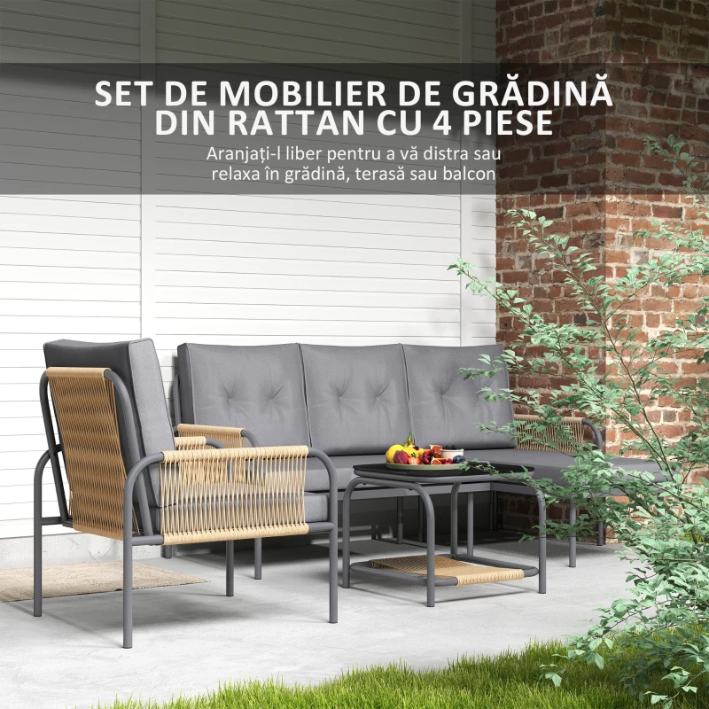 Outsunny Set Mobilier de Grădină din 4 Piese cu Canapea, Fotoliu, Șezlong și Măsuță, 64x70x78 cm, Gri Închis
