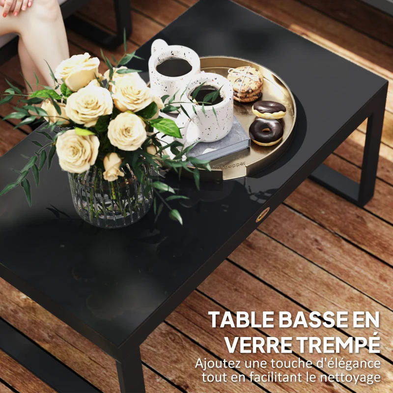 Outsunny Salon de jardin extérieur 3 pièces en L avec canapés et table basse en verre, assise réglable 5 positions, gris