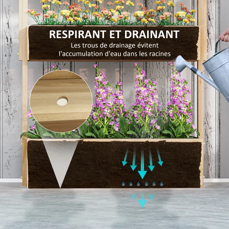 Outsunny Jardinière surélevée en bois avec 4 étages, escalier de fleurs avec doublure, trous de drainage bois naturel