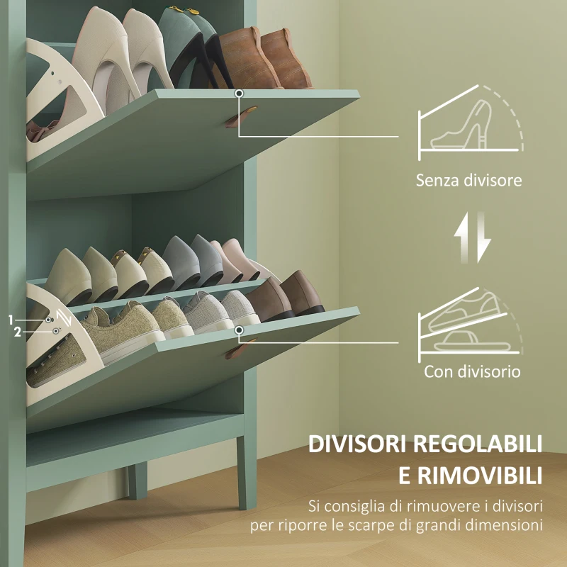 HOMCOM Scarpiera Slim 2 Cassetti per 14 Paia di Scarpe Taglia EU44 e Ripiani Regolabili, 80x24x95.5cm, Verde