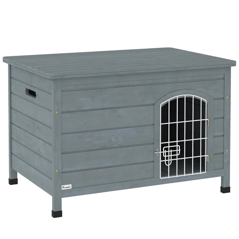 PawHut Wooden Dog House with Removable Bottom, Wire Door, Openable Top, Pet Shelter for Small Dog, 80 x 55 x 53.5cm, Dark Grey(m-10)