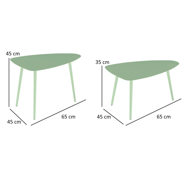 Outsunny Lot de 2 tables basses de jardin, tables d'appoint gigognes triangulaires, cadre en acier patins ajustables vert clair