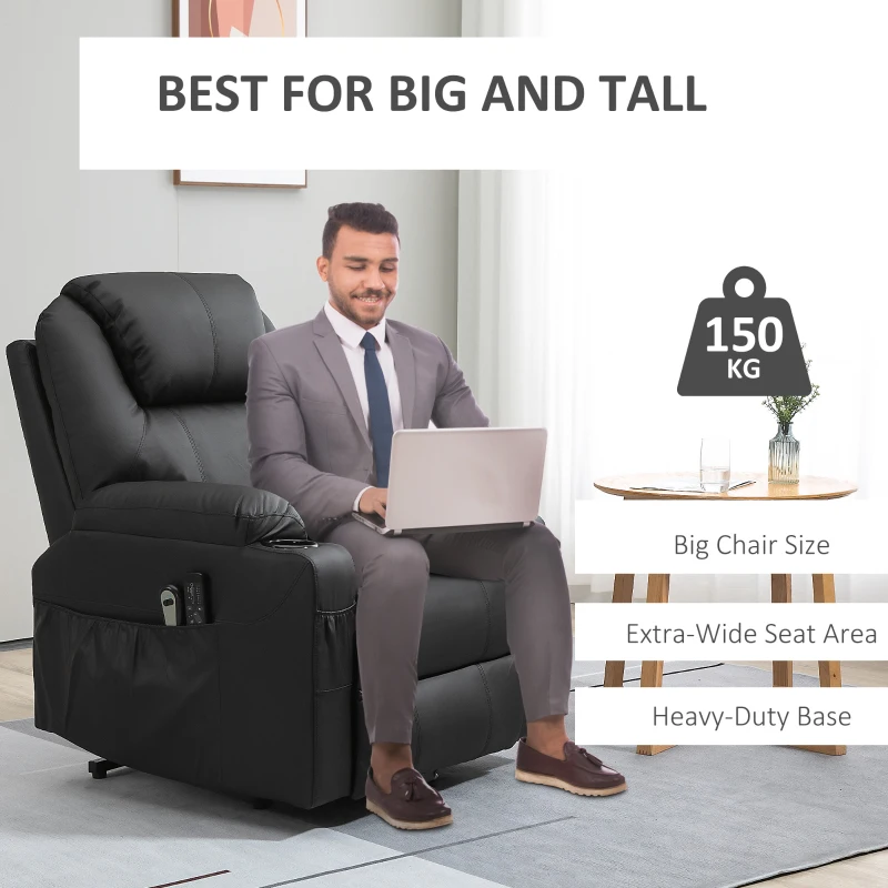 HOMCOM Fotel z funkcją pomocniczą do wstawania, fotel z masażem, regulowane oparcie, 8 trybów masażu, elegancka skóra ekologiczna, czarny, 88 x 99 x 106 cm