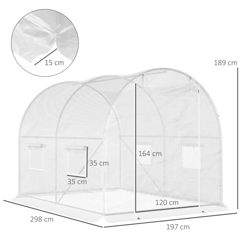 Outsunny Seră Tunel cu 4 Ferestre şi Usă Rulantă cu Fermoar, Seră pentru Plante din Oţel Zincat şi Polietilenă, 3x2x1.9 m, Alb(m-3)