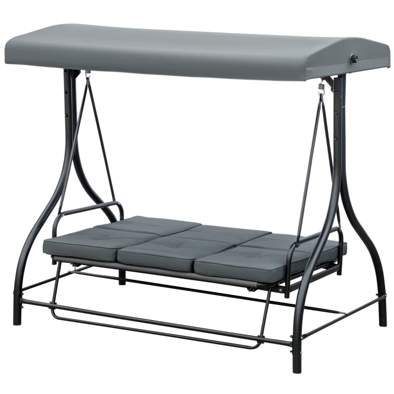 Outsunny 3 Seater Canopy Swing Chair, 2 in 1 Garden Swing Seat Bed, with Adjustable Canopy and Metal Frame, Dark Grey