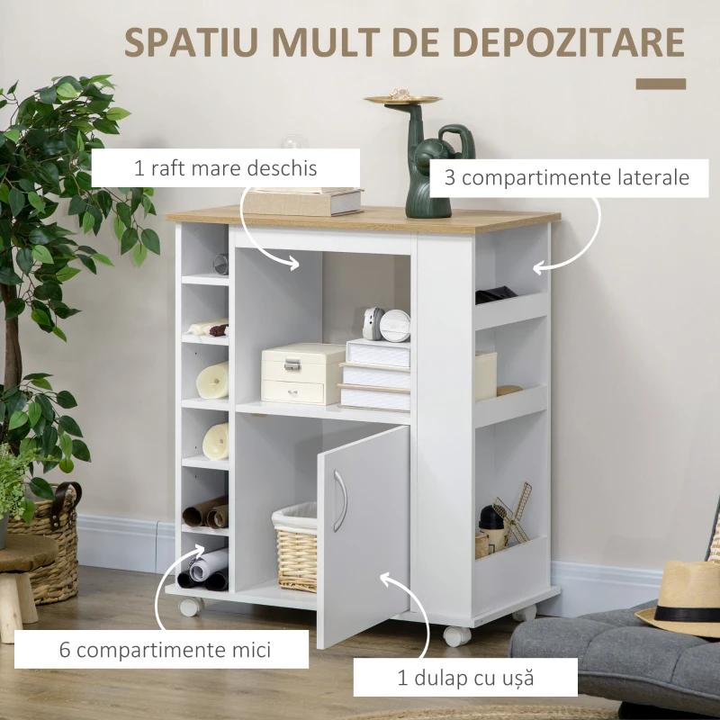 HOMCOM Cărucior de Bucătărie cu Dulăpior, 6 Compartimente de Depozitare și 3 Rafturi Laterale, 75x39.5x88 cm, Alb